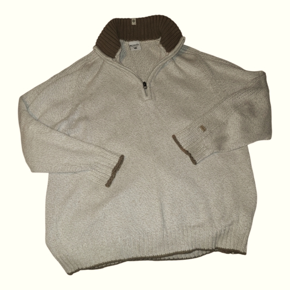 Cloumbia* 1/4 Zip* Cotton Blend Sweater* Oatmeal with Brown Trim* Sz L